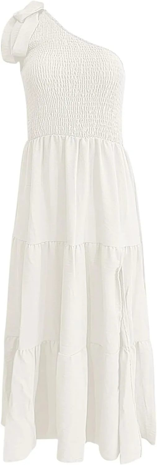 Women's Summer Elegant Party Dresses Sexy One Shoulder Sleeveless Knot Smocked Midi Dress Split Tiered Flowy Dresses
