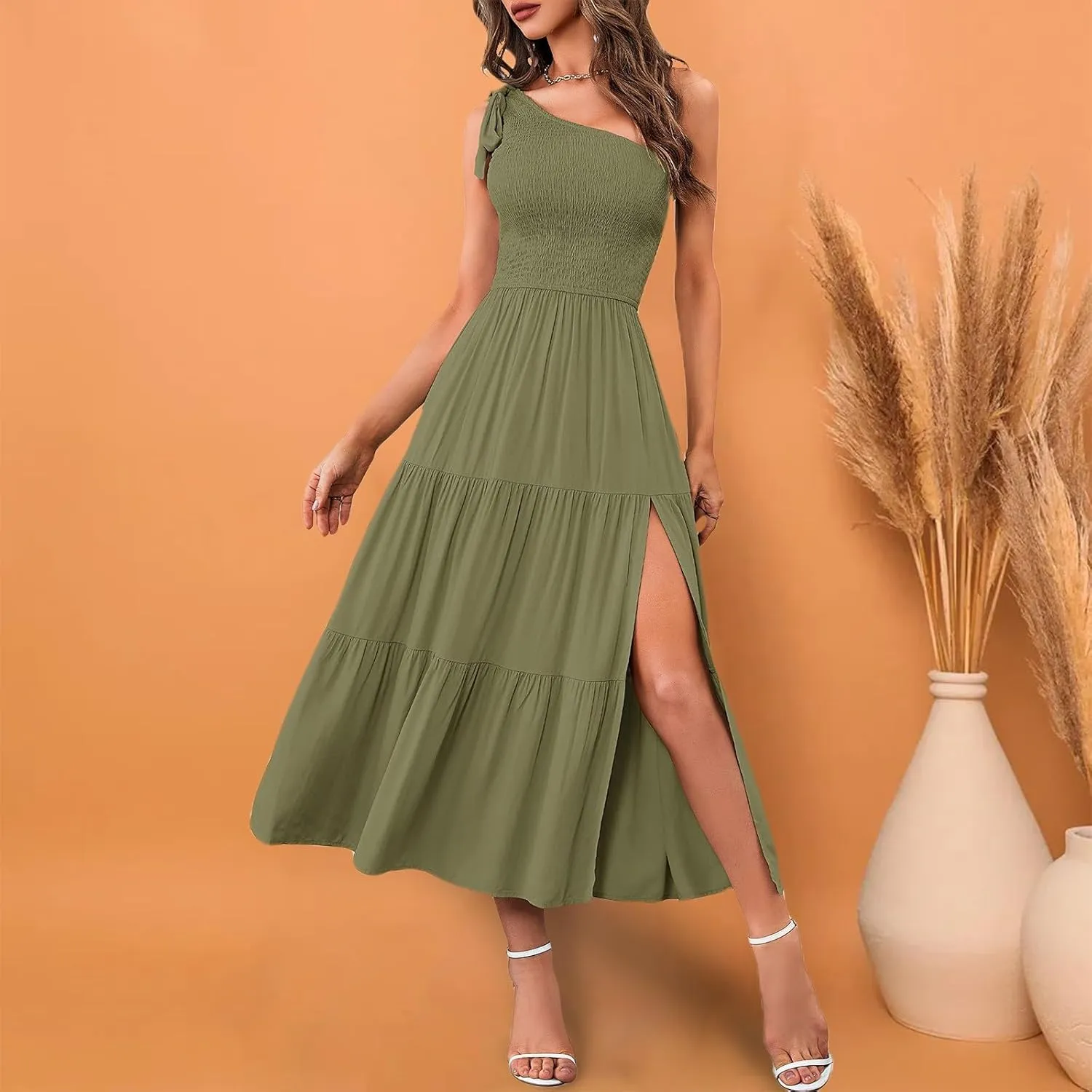Women's Summer Elegant Party Dresses Sexy One Shoulder Sleeveless Knot Smocked Midi Dress Split Tiered Flowy Dresses