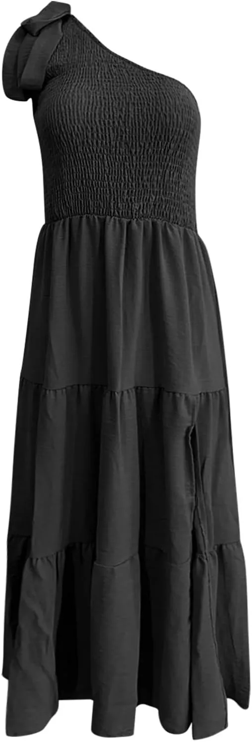 Women's Summer Elegant Party Dresses Sexy One Shoulder Sleeveless Knot Smocked Midi Dress Split Tiered Flowy Dresses