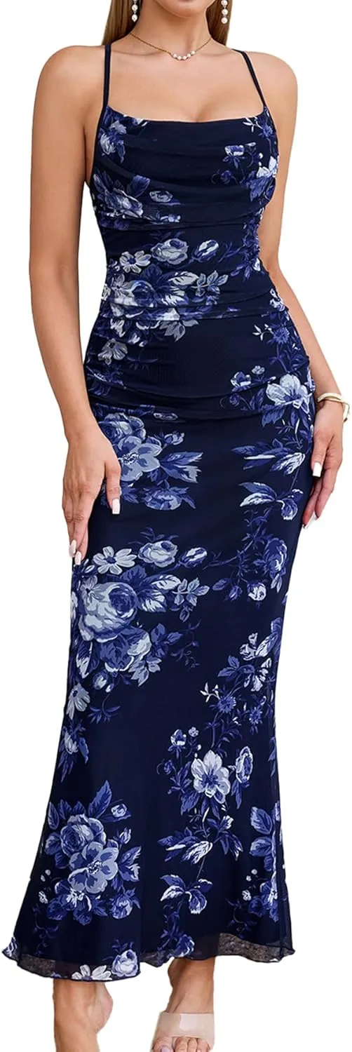 Women's Summer Floral Spaghetti Strap Maxi Dress Sleeveless Ruched Mesh Bodycon Long Wedding Guest Dresses