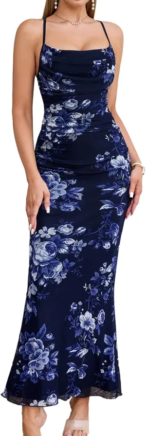 Women's Summer Floral Spaghetti Strap Maxi Dress Sleeveless Ruched Mesh Bodycon Long Wedding Guest Dresses