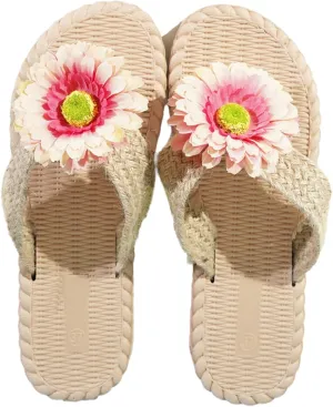 Women's Summer Slide Sandals with Cute Pink Flower Decor Soft Slip On Clip Toe Dressy Thongs Shoes Casual Flat Beach Sandals for Summer Vacation Daily Use