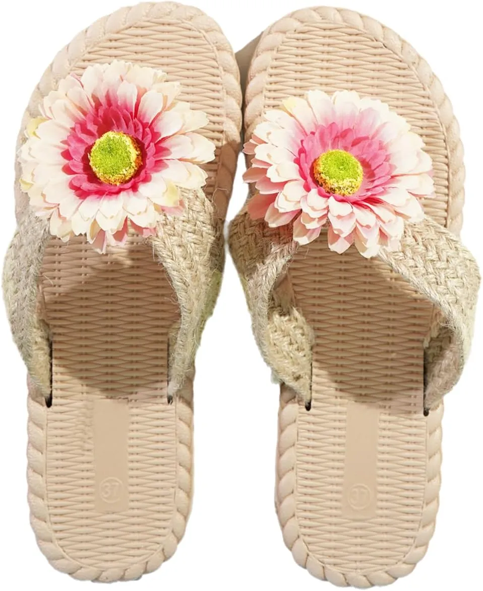 Women's Summer Slide Sandals with Cute Pink Flower Decor Soft Slip On Clip Toe Dressy Thongs Shoes Casual Flat Beach Sandals for Summer Vacation Daily Use