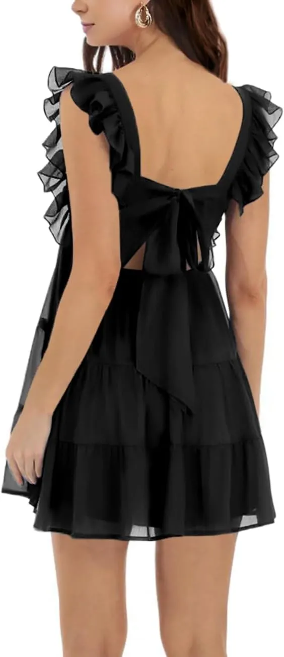Women’s Summer Square Neck Tie Back Ruffle Sleeve Tiered Casual A-Line Short Mini Dress