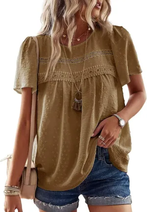 Womens Summer Tops Crewneck Short Sleeve Shirts Casual Chiffon Blouses Flowy Lace Hem Boho Clothing Trendy 2025