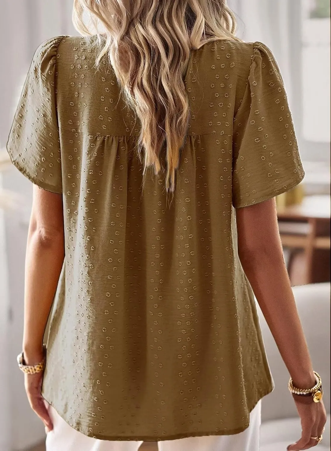 Womens Summer Tops Crewneck Short Sleeve Shirts Casual Chiffon Blouses Flowy Lace Hem Boho Clothing Trendy 2025
