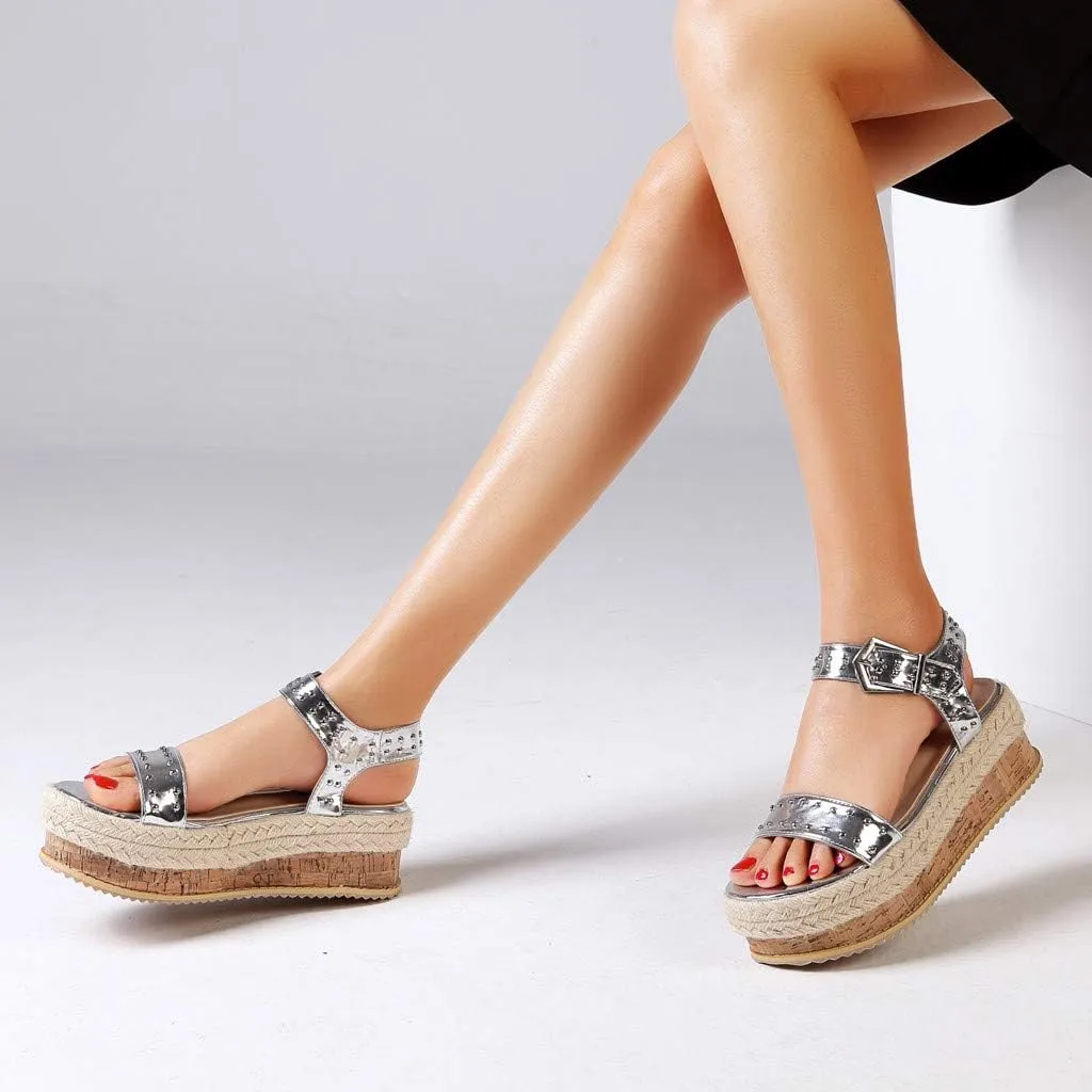 Women's Thick-Soled Sandals, Hand-Woven Hemp Rope Platform Female Belt Buckle Flat Rivet Beach Shoes