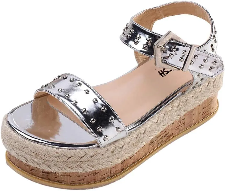 Women's Thick-Soled Sandals, Hand-Woven Hemp Rope Platform Female Belt Buckle Flat Rivet Beach Shoes