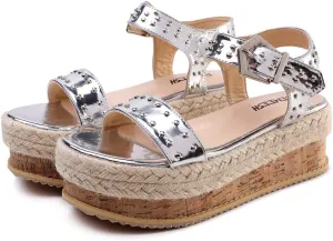 Women's Thick-Soled Sandals, Hand-Woven Hemp Rope Platform Female Belt Buckle Flat Rivet Beach Shoes