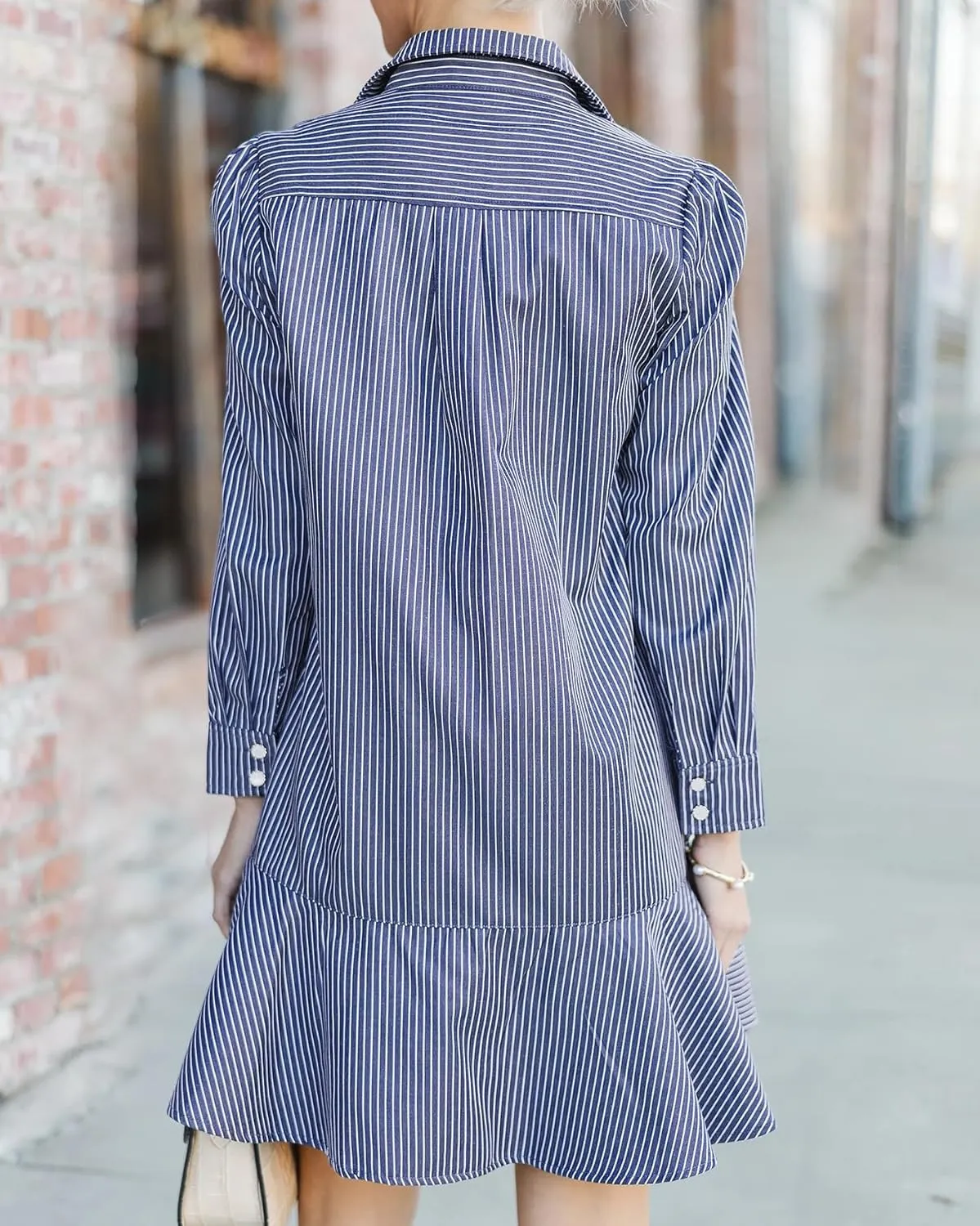 Women's Tunic Mini Shirt Dress Cotton Long Sleeve Ruffle Hem Dress Button Up Shift Chambray Dresses