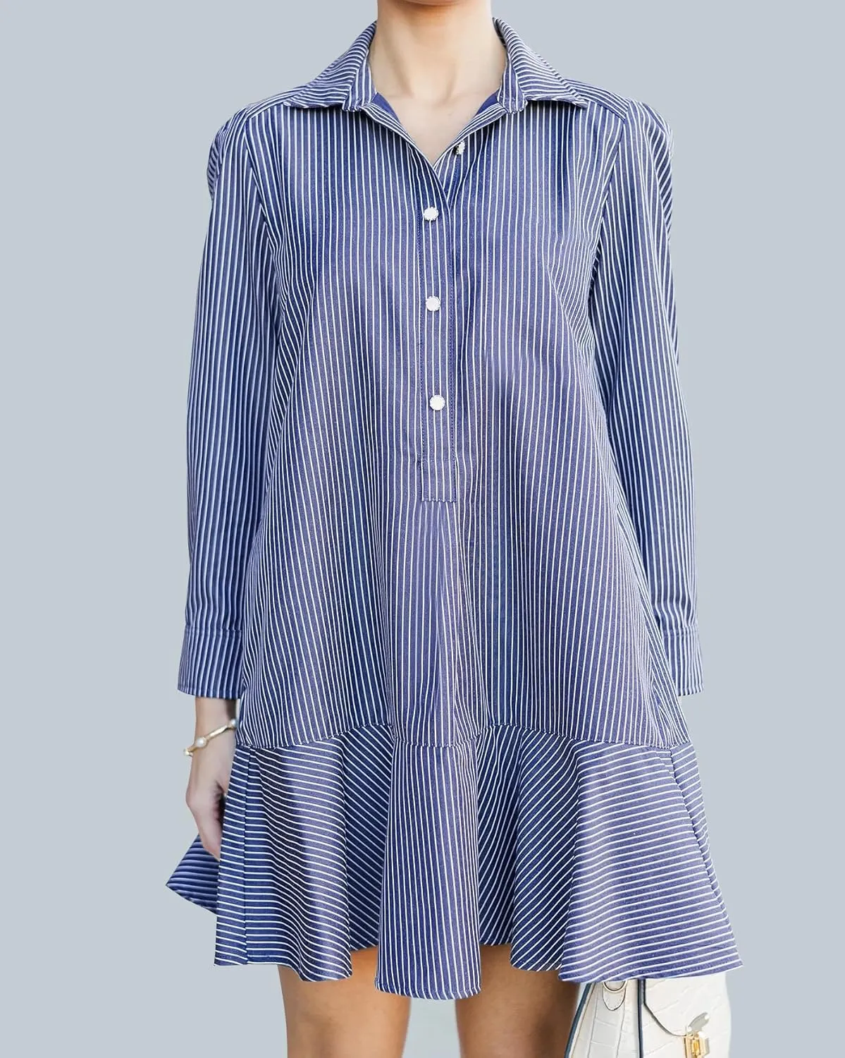 Women's Tunic Mini Shirt Dress Cotton Long Sleeve Ruffle Hem Dress Button Up Shift Chambray Dresses
