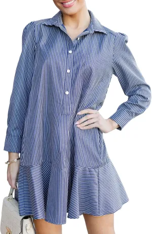 Women's Tunic Mini Shirt Dress Cotton Long Sleeve Ruffle Hem Dress Button Up Shift Chambray Dresses
