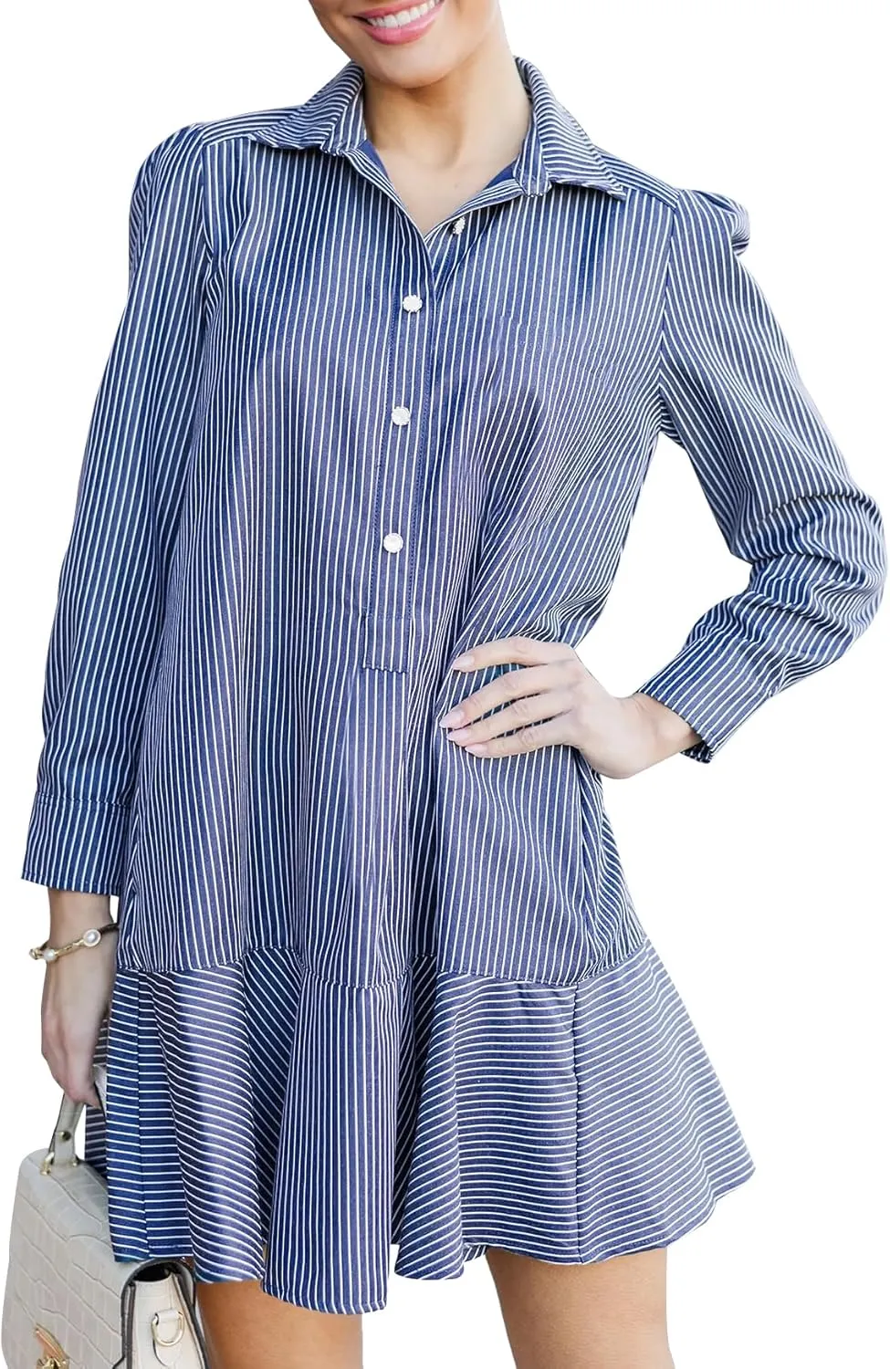 Women's Tunic Mini Shirt Dress Cotton Long Sleeve Ruffle Hem Dress Button Up Shift Chambray Dresses