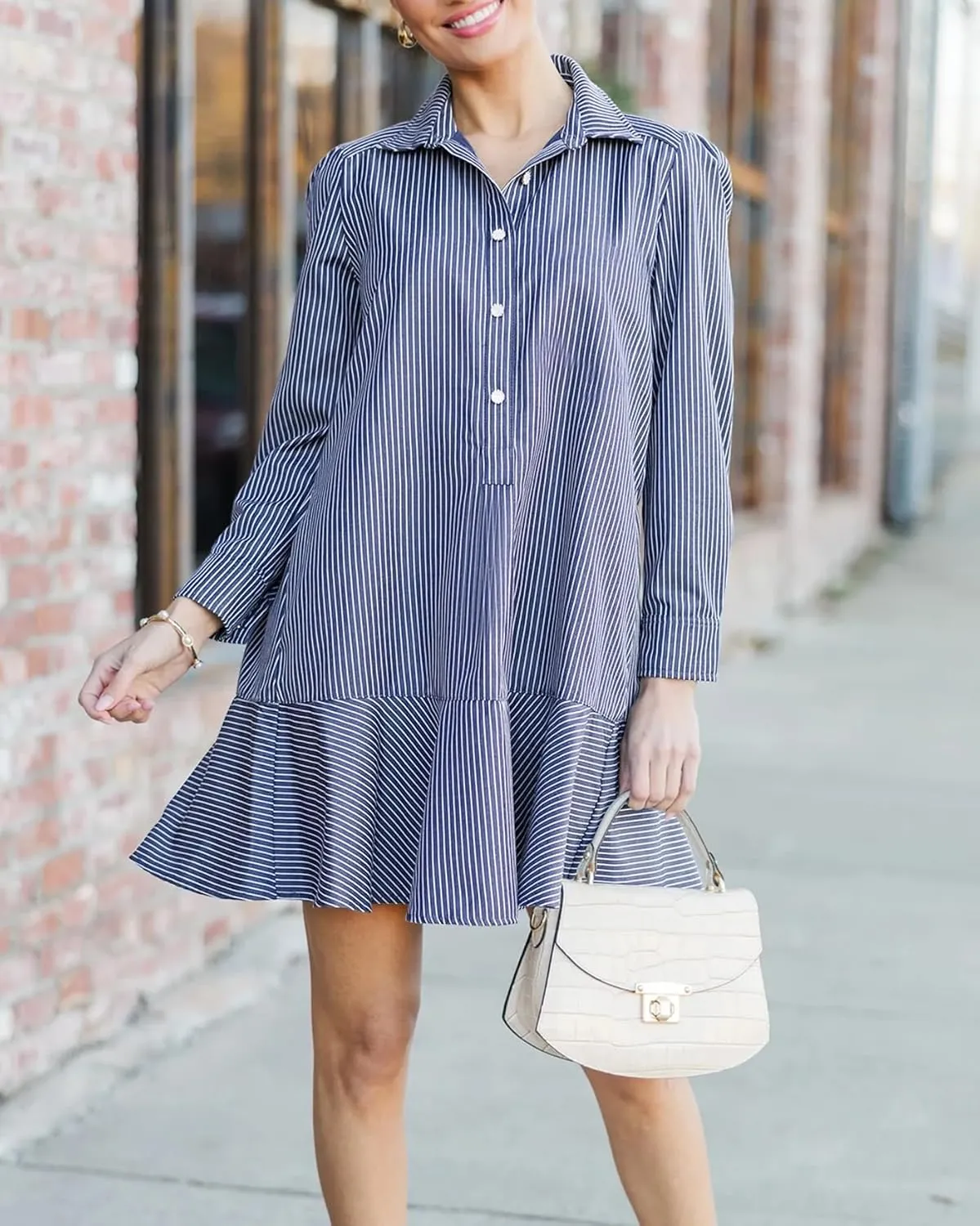 Women's Tunic Mini Shirt Dress Cotton Long Sleeve Ruffle Hem Dress Button Up Shift Chambray Dresses