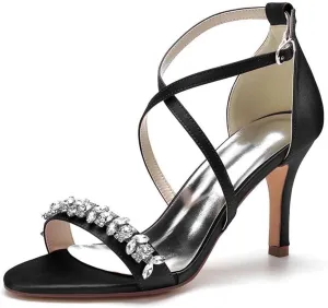 Womens Wedding Shoes Heels for Women Open Toe Buckle Ankle Strap Kitten Heels for Women Pump Block Sandals 3.34 inches Silver Black White Nude for Party Wedding(Black,8)