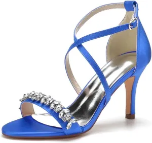 Womens Wedding Shoes Heels for Women Open Toe Buckle Ankle Strap Kitten Heels for Women Pump Block Sandals 3.34 inches Silver Black White Nude for Party Wedding(Blue,5)