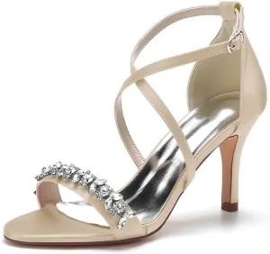 Womens Wedding Shoes Heels for Women Open Toe Buckle Ankle Strap Kitten Heels for Women Pump Block Sandals 3.34 inches Silver Black White Nude for Party Wedding(Champagne,6)