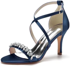 Womens Wedding Shoes Heels for Women Open Toe Buckle Ankle Strap Kitten Heels for Women Pump Block Sandals 3.34 inches Silver Black White Nude for Party Wedding(Dark Blue,6)