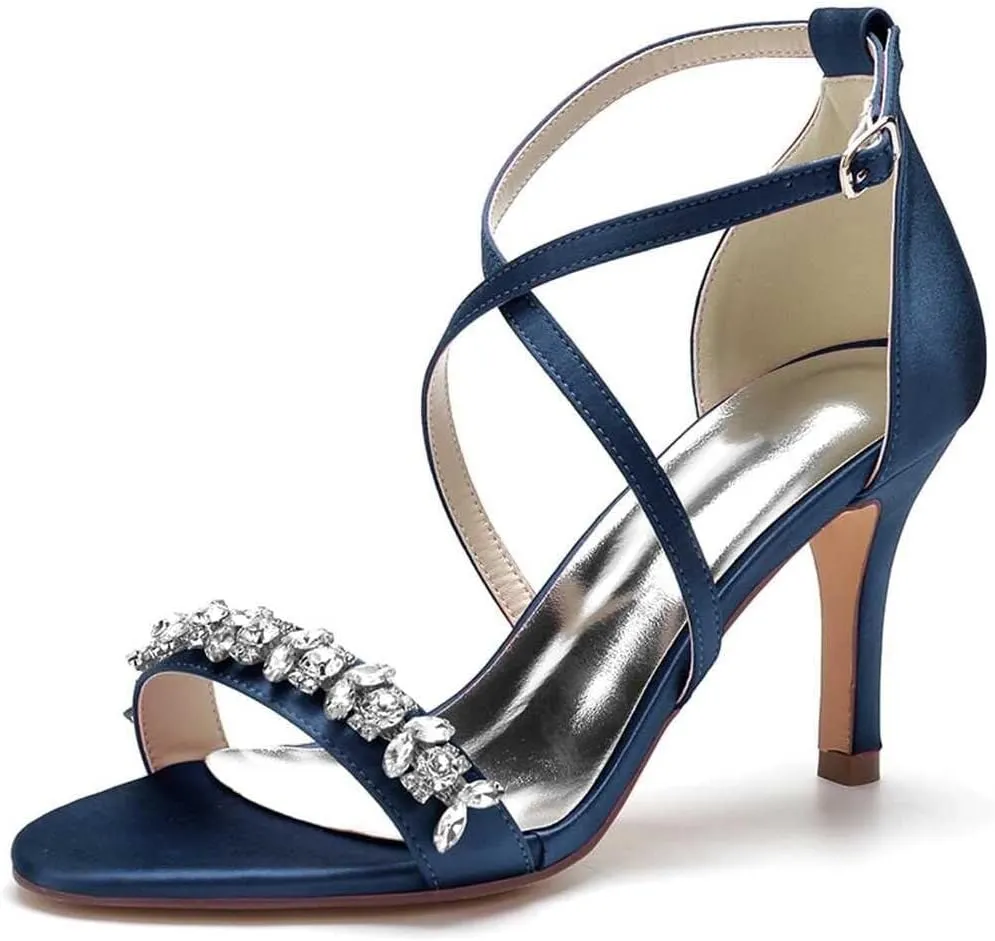 Womens Wedding Shoes Heels for Women Open Toe Buckle Ankle Strap Kitten Heels for Women Pump Block Sandals 3.34 inches Silver Black White Nude for Party Wedding(Dark Blue,6)