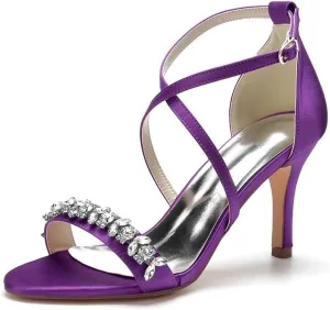 Womens Wedding Shoes Heels for Women Open Toe Buckle Ankle Strap Kitten Heels for Women Pump Block Sandals 3.34 inches Silver Black White Nude for Party Wedding(Dark Purple,9)