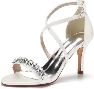 Womens Wedding Shoes Heels for Women Open Toe Buckle Ankle Strap Kitten Heels for Women Pump Block Sandals 3.34 inches Silver Black White Nude for Party Wedding(Ivory,11)