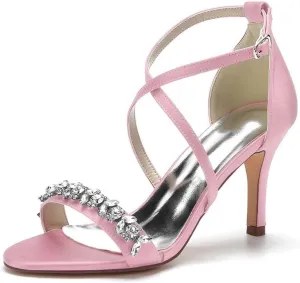Womens Wedding Shoes Heels for Women Open Toe Buckle Ankle Strap Kitten Heels for Women Pump Block Sandals 3.34 inches Silver Black White Nude for Party Wedding(Pink,5)