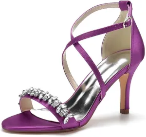 Womens Wedding Shoes Heels for Women Open Toe Buckle Ankle Strap Kitten Heels for Women Pump Block Sandals 3.34 inches Silver Black White Nude for Party Wedding(Purple,9)