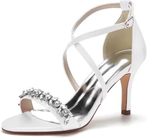 Womens Wedding Shoes Heels for Women Open Toe Buckle Ankle Strap Kitten Heels for Women Pump Block Sandals 3.34 inches Silver Black White Nude for Party Wedding(White,5)