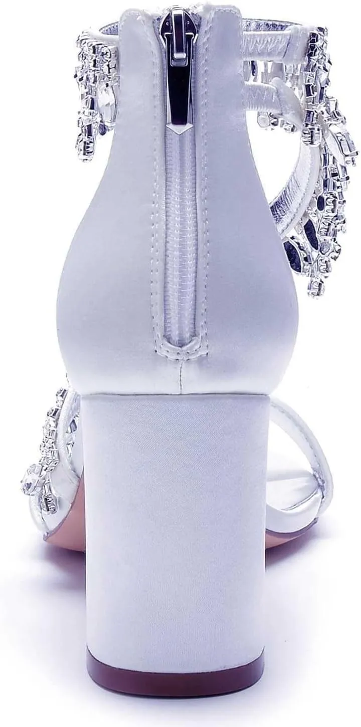 Womens Wedding Shoes Heels for Women Open Toe - Zipper Chunky Heels Dress Shoes for Women 3.14 Inch Rhinestone Wedding Heels for Prom Party Bridal Pump Shoes Light Purple, 5(Champagne,7)