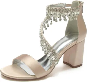 Womens Wedding Shoes Heels for Women Open Toe - Zipper Chunky Heels Dress Shoes for Women 3.14 Inch Rhinestone Wedding Heels for Prom Party Bridal Pump Shoes Light Purple, 5(Champagne,7)