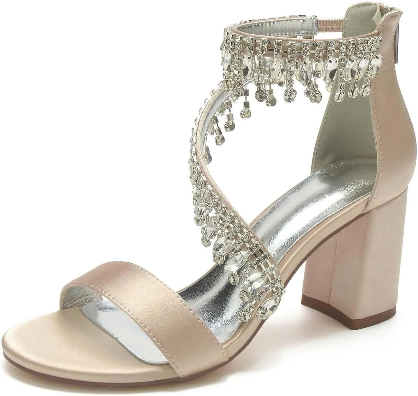 Womens Wedding Shoes Heels for Women Open Toe - Zipper Chunky Heels Dress Shoes for Women 3.14 Inch Rhinestone Wedding Heels for Prom Party Bridal Pump Shoes Light Purple, 5(Champagne,7)