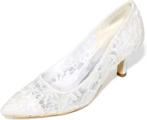 Womens Wedding Shoes Lace Wedding Shoes Closed Toe Low Heels Pointed Toe Bridal Shoes Women Mary Jane High Heels Pumps Wedding Dress Shoes(Ivory,6/US)