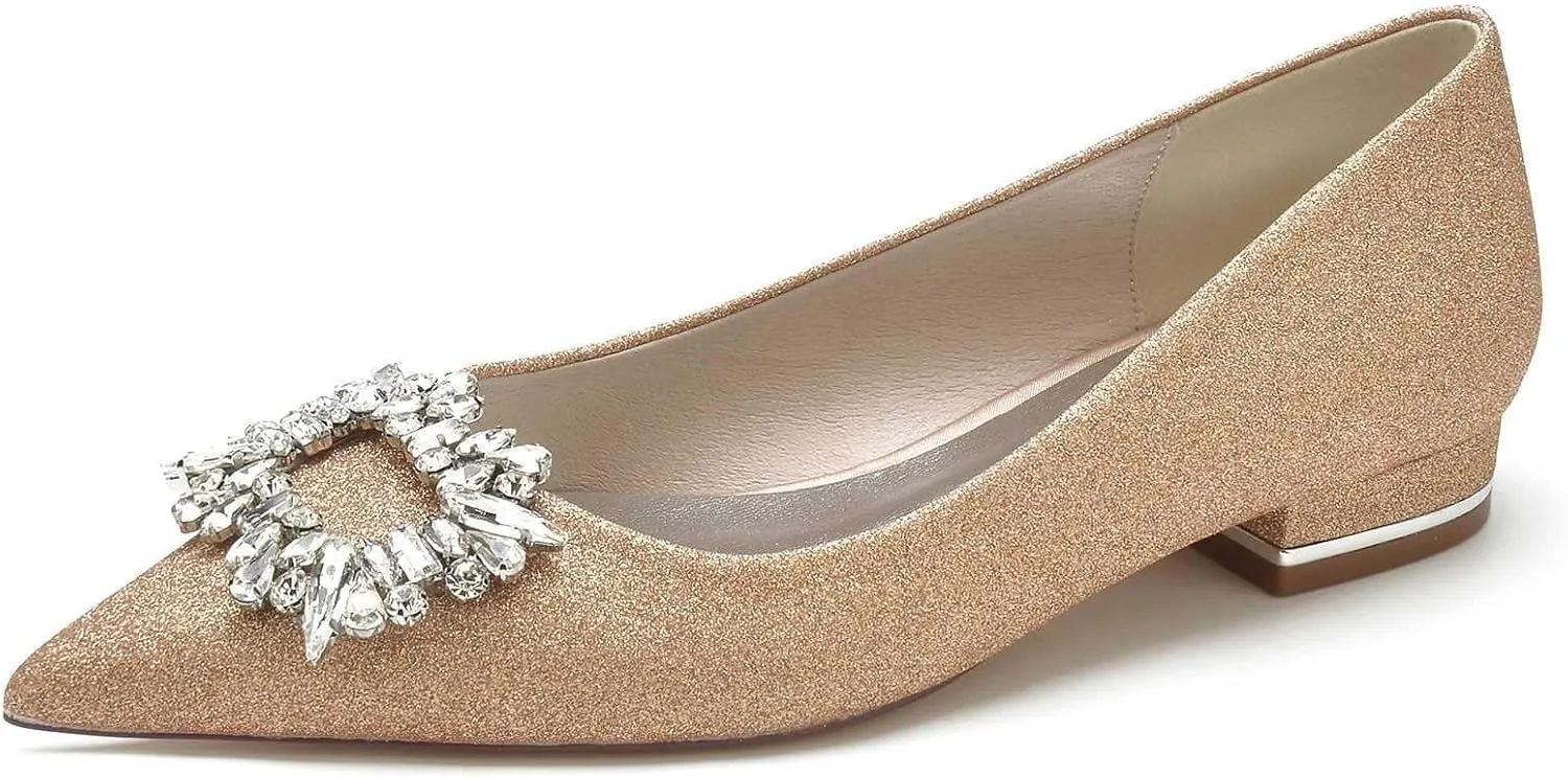 Womens Wedding Shoes Low Heel for Women - Slip On Chunky Heels Dress Shoes for Women 0.98 Inch Rhinestone Wedding Heels for Prom Party Bridal Pump Shoes Silver, 11(Champagne,8.5)