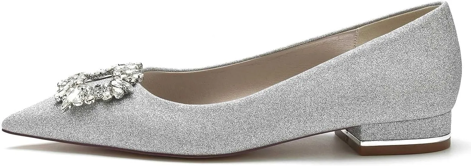 Womens Wedding Shoes Low Heel for Women - Slip On Chunky Heels Dress Shoes for Women 0.98 Inch Rhinestone Wedding Heels for Prom Party Bridal Pump Shoes Silver, 11(Champagne,8.5)