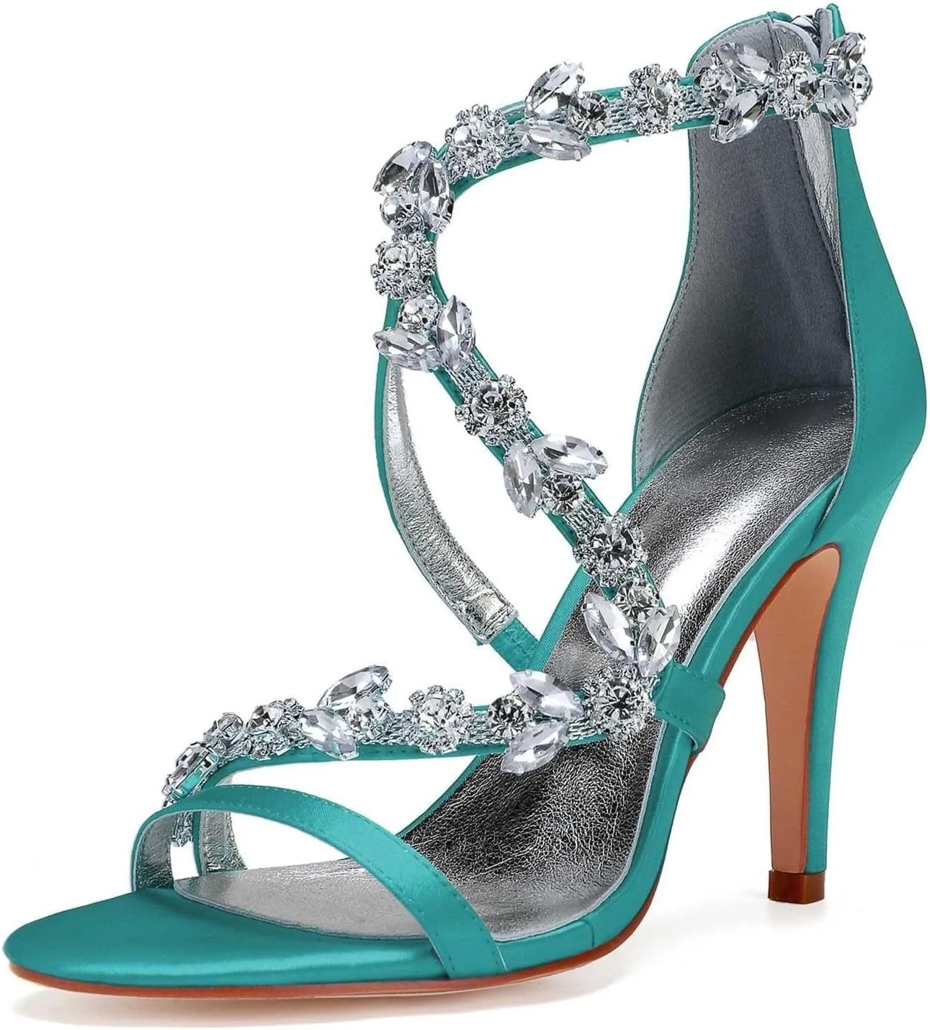 Womens Wedding Shoes Women's 4.13" Kitten Heel Sandals | Open Toe with Ankle Zipper & Rhinestone Accents | Perfect for Summer Dresses & Casual Outfits(Teal,11)