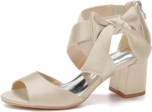 Womens Wedding Shoes Women's Low Block Heel Sandals Satin Bridal Chunky Ankle Strap Zipper Wedding Dress Shoes Low Heel Pump(Champagne,7)
