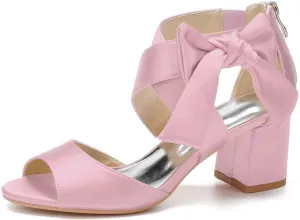 Womens Wedding Shoes Women's Low Block Heel Sandals Satin Bridal Chunky Ankle Strap Zipper Wedding Dress Shoes Low Heel Pump(Pink,11)