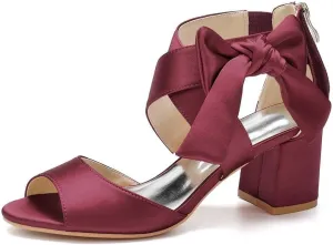 Womens Wedding Shoes Women's Low Block Heel Sandals Satin Bridal Chunky Ankle Strap Zipper Wedding Dress Shoes Low Heel Pump(Wine red,8)
