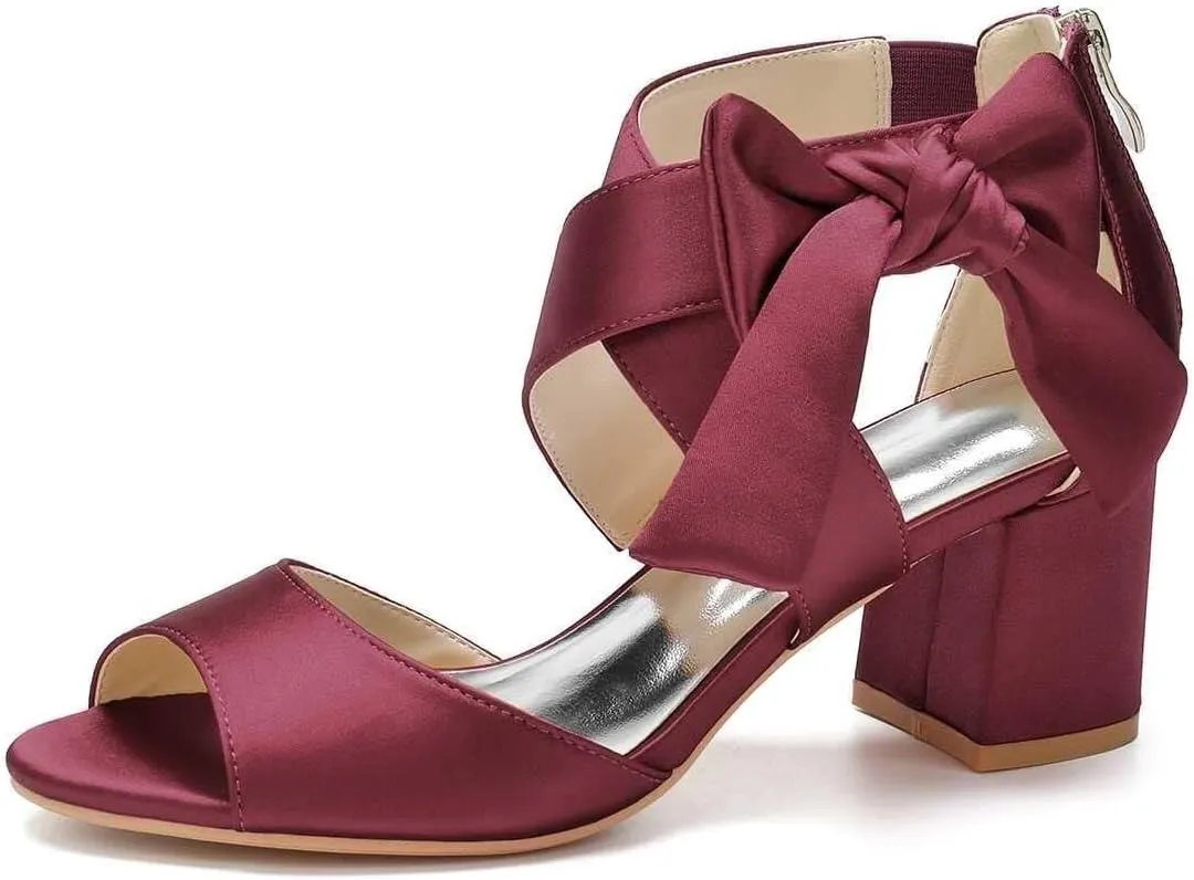 Womens Wedding Shoes Women's Low Block Heel Sandals Satin Bridal Chunky Ankle Strap Zipper Wedding Dress Shoes Low Heel Pump(Wine red,8)