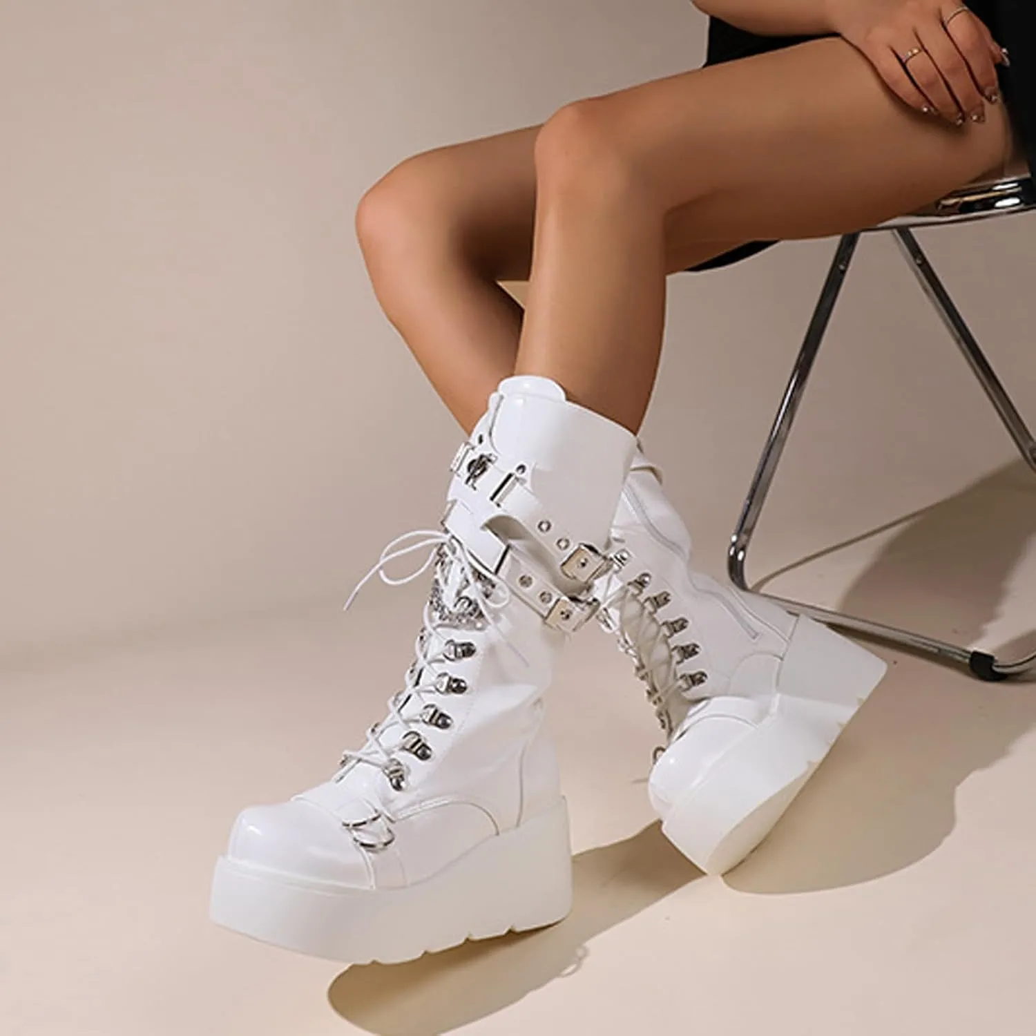 Women'S Wedge Heel Platform Gothic Calf Boots Fashion Round Toe Non-Slip Buckle Lace-Up Punk Y2k Motorcycle Combat Rider Boots