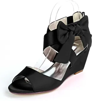 Womens Wedge Sandals Platform Round Toe High Heels Satin Open Toe Evening Prom Wedding Shoes Summer Shoes