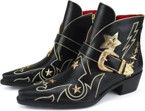 Women’s Western Ankle Boots Star Embroidered Cowgirl Boots Pointed Toe Low Heel with Metal Buckle for Festivals Concerts and Outdoor Adventures