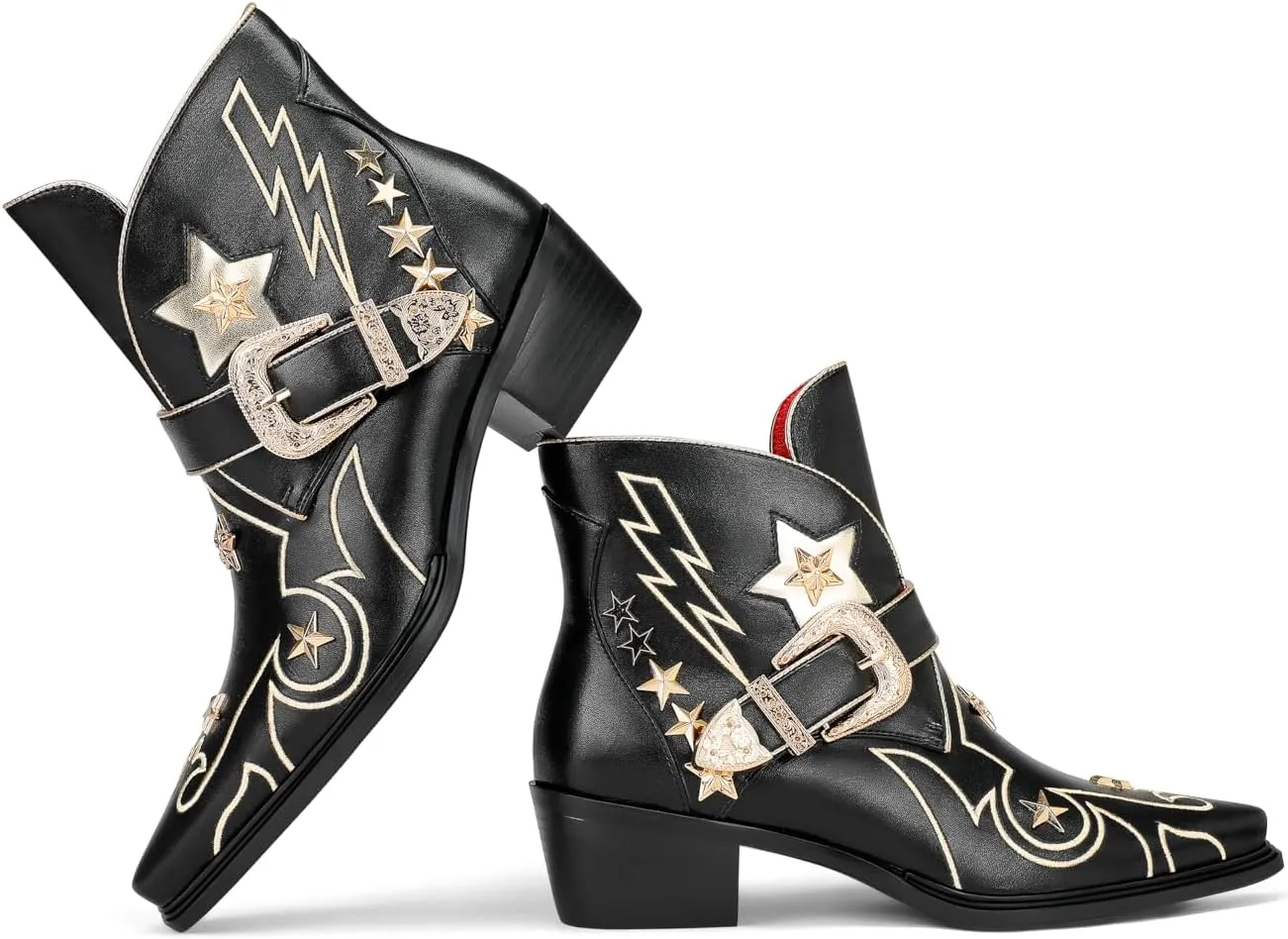 Women’s Western Ankle Boots Star Embroidered Cowgirl Boots Pointed Toe Low Heel with Metal Buckle for Festivals Concerts and Outdoor Adventures
