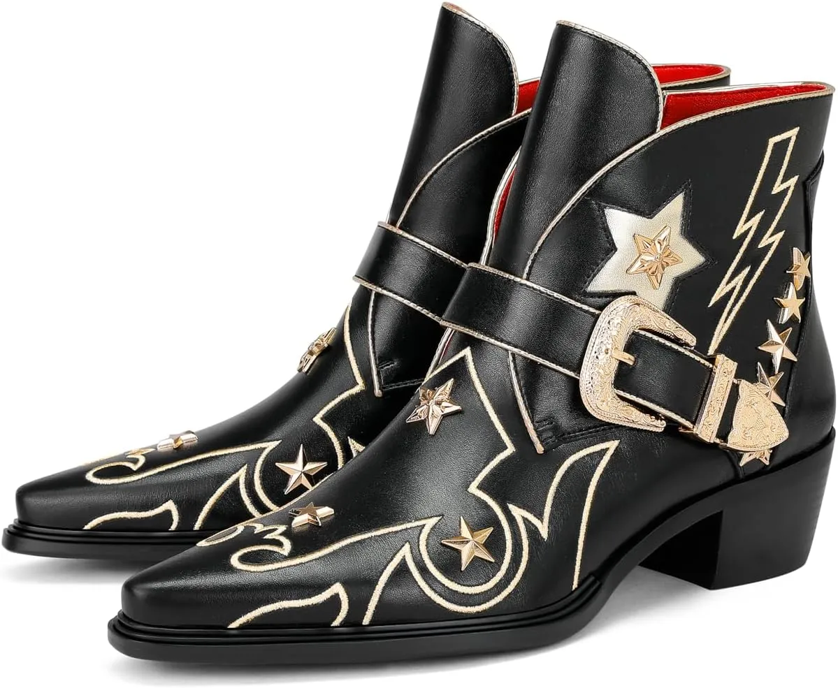 Women’s Western Ankle Boots Star Embroidered Cowgirl Boots Pointed Toe Low Heel with Metal Buckle for Festivals Concerts and Outdoor Adventures