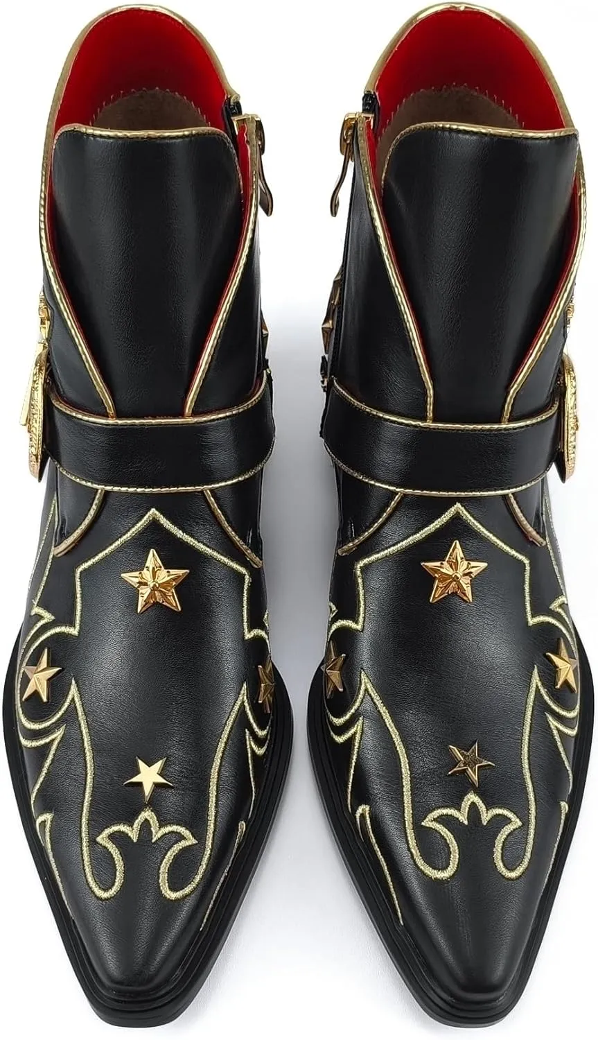Women’s Western Ankle Boots Star Embroidered Cowgirl Boots Pointed Toe Low Heel with Metal Buckle for Festivals Concerts and Outdoor Adventures