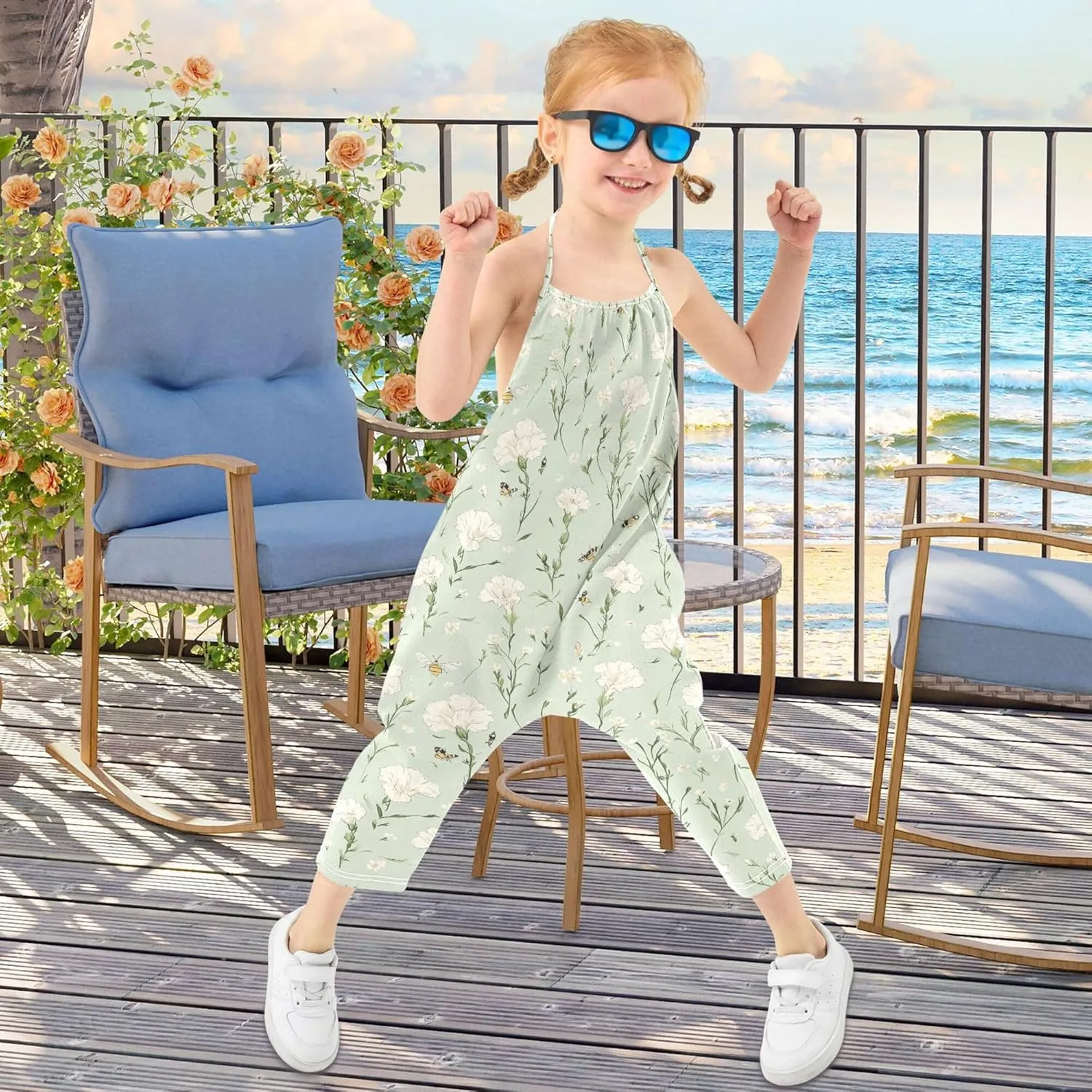 Wudan Cartoon Dianthus Sage Green Toddler Romper with Pockets Sleevesless Jumpsuits Cotton Hawaiian Pants Outfits 1T
