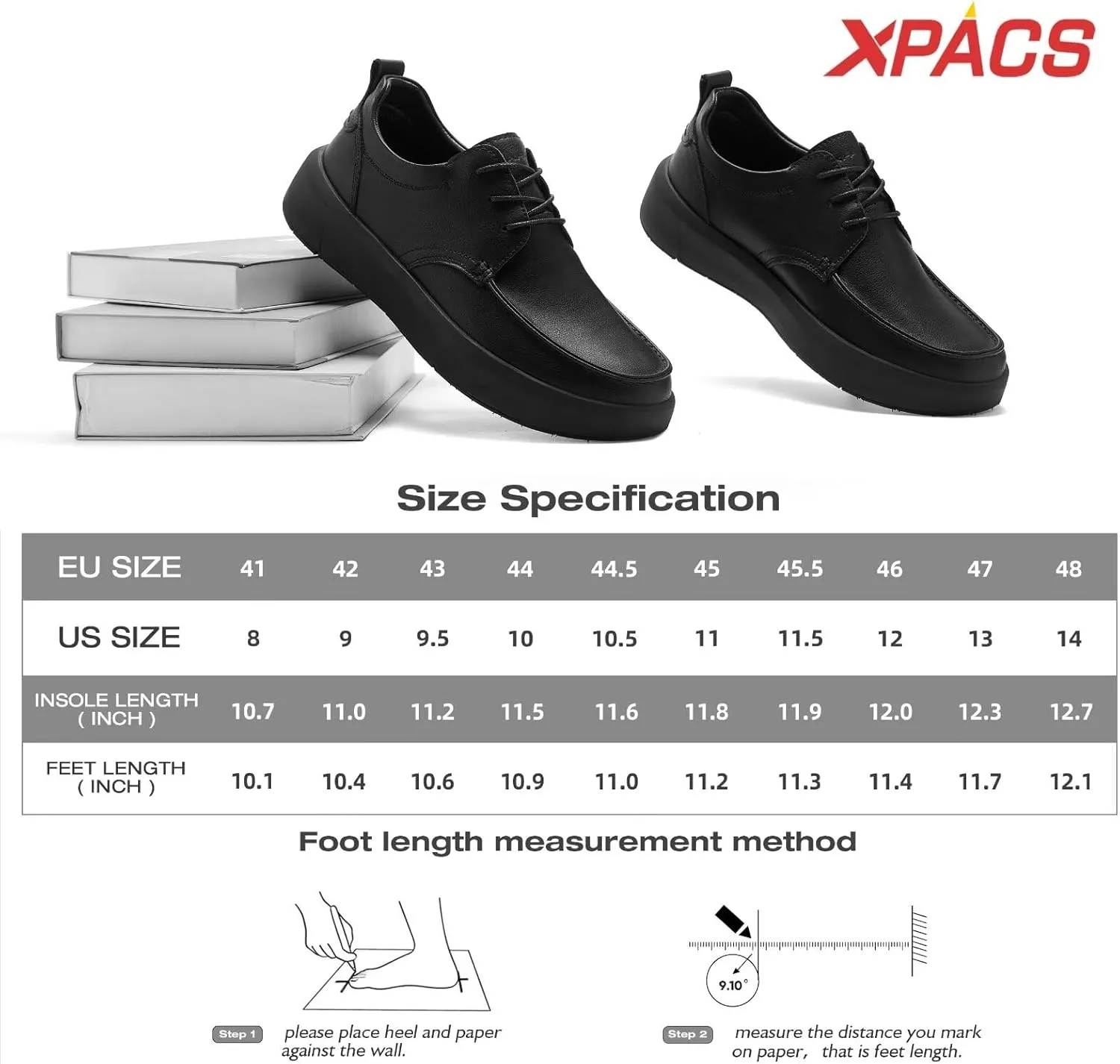 XPACS Men's Orthopedic Leather Dress Walking Shoes: Comfortable Plantar Fasciitis Arch Support Sneakers, Casual Business Work Adjustable Fit Orthotic Flat Feet Oxfords for Heel Foot Pain Relief