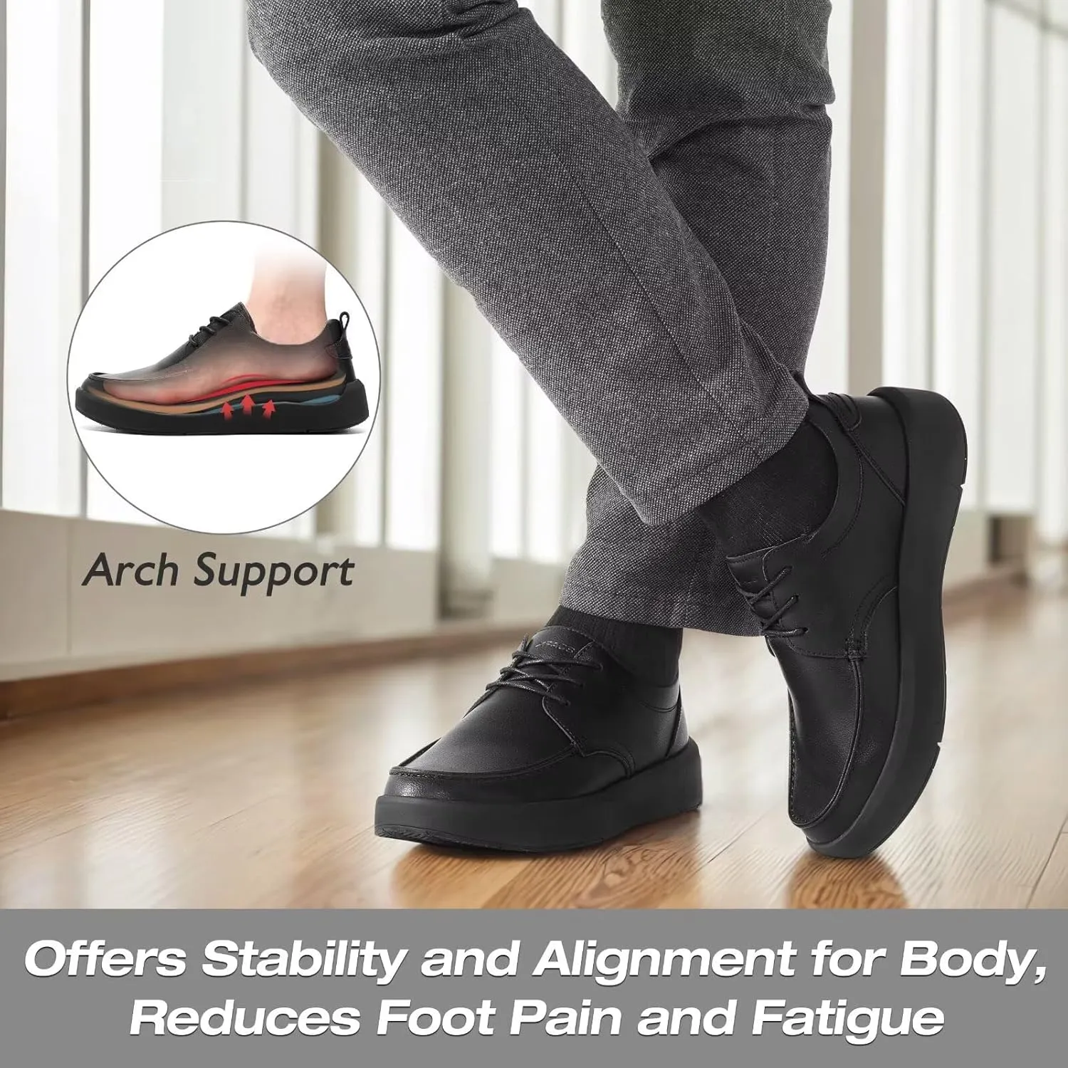 XPACS Men's Orthopedic Leather Dress Walking Shoes: Comfortable Plantar Fasciitis Arch Support Sneakers, Casual Business Work Adjustable Fit Orthotic Flat Feet Oxfords for Heel Foot Pain Relief