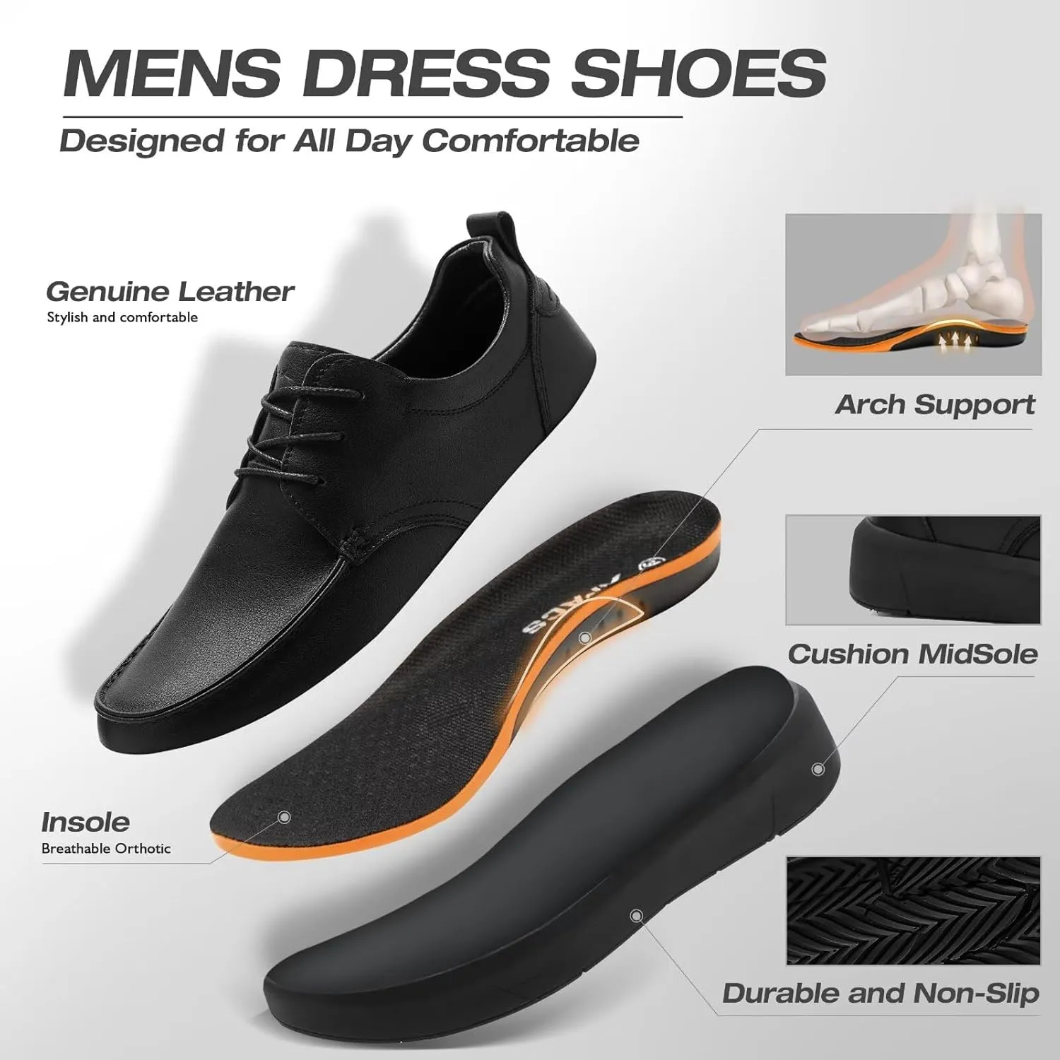 XPACS Men's Orthopedic Leather Dress Walking Shoes: Comfortable Plantar Fasciitis Arch Support Sneakers, Casual Business Work Adjustable Fit Orthotic Flat Feet Oxfords for Heel Foot Pain Relief
