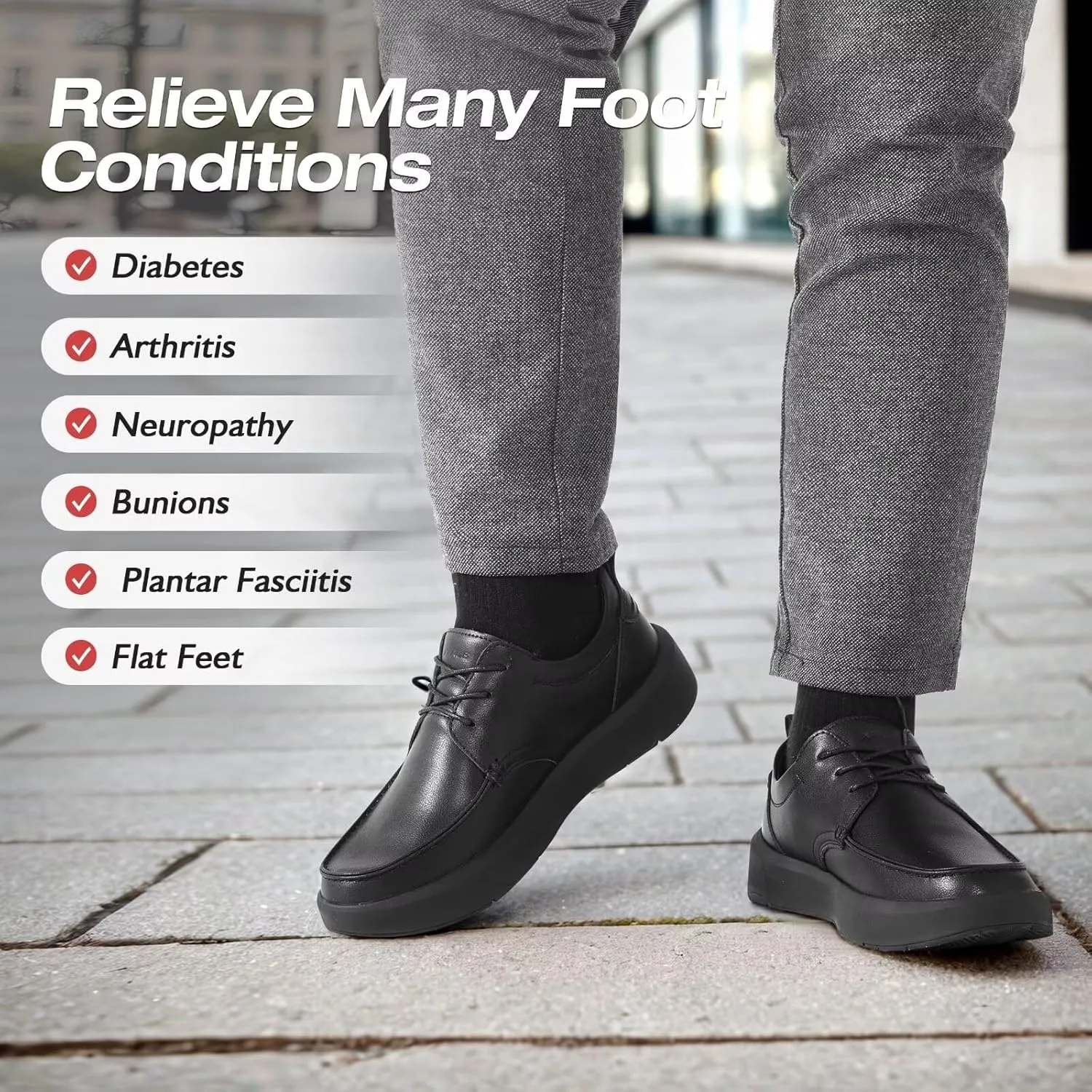 XPACS Men's Orthopedic Leather Dress Walking Shoes: Comfortable Plantar Fasciitis Arch Support Sneakers, Casual Business Work Adjustable Fit Orthotic Flat Feet Oxfords for Heel Foot Pain Relief